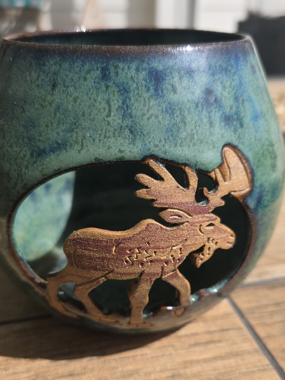Rustic Green Handmade Glazed Ceramic Votive with Moose Cutout - Picture 11 of 16